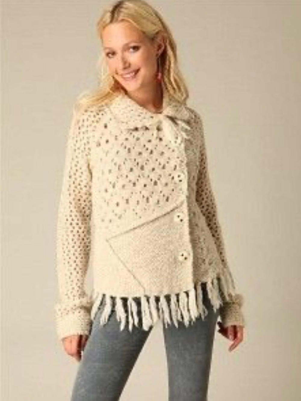 Free People Cream Fringe Button-Front Knit Cardigan